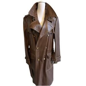 VTG 70s Leather Trench Coat Double Breasted Steampunk Belted Retro SPAIN Men M/L
